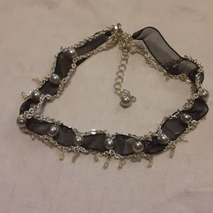 🌹Ribbon silvertone bead dangling choker necklace